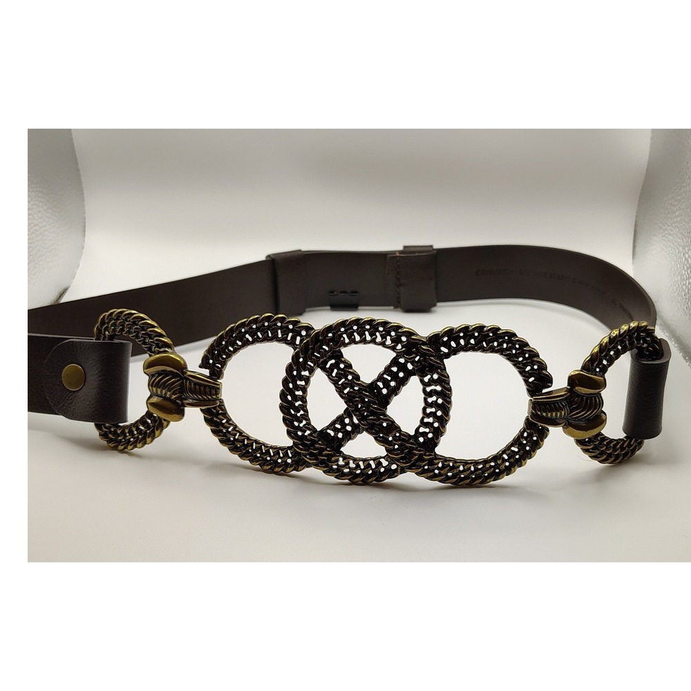 Chicos Womens Genuine Leather Belt S/M Antique Brass Chain Link Accent